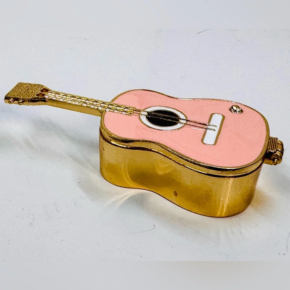 Pink Enamel & Gold Tone Guitar Trinket Box 4” X 2” Excellent Condition